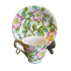 Vintage Merit Demitasse Tea Cup Saucer Pink Flower Occupied Japan Gold Trim